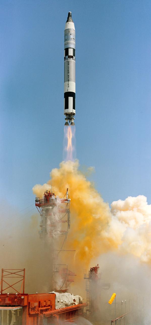 S65-29636 (3 June 1965) --- The Gemini-Titan 4 (GT-4) spaceflight launches from Cape Kennedy's Pad 19 at 10:16 a.m. (EST) on June 3, 1965. The GT-4 spacecraft carried astronauts James A. McDivitt, command pilot, and Edward H. White II, pilot, on a four-day, 62-revolution mission. Photo credit: NASA