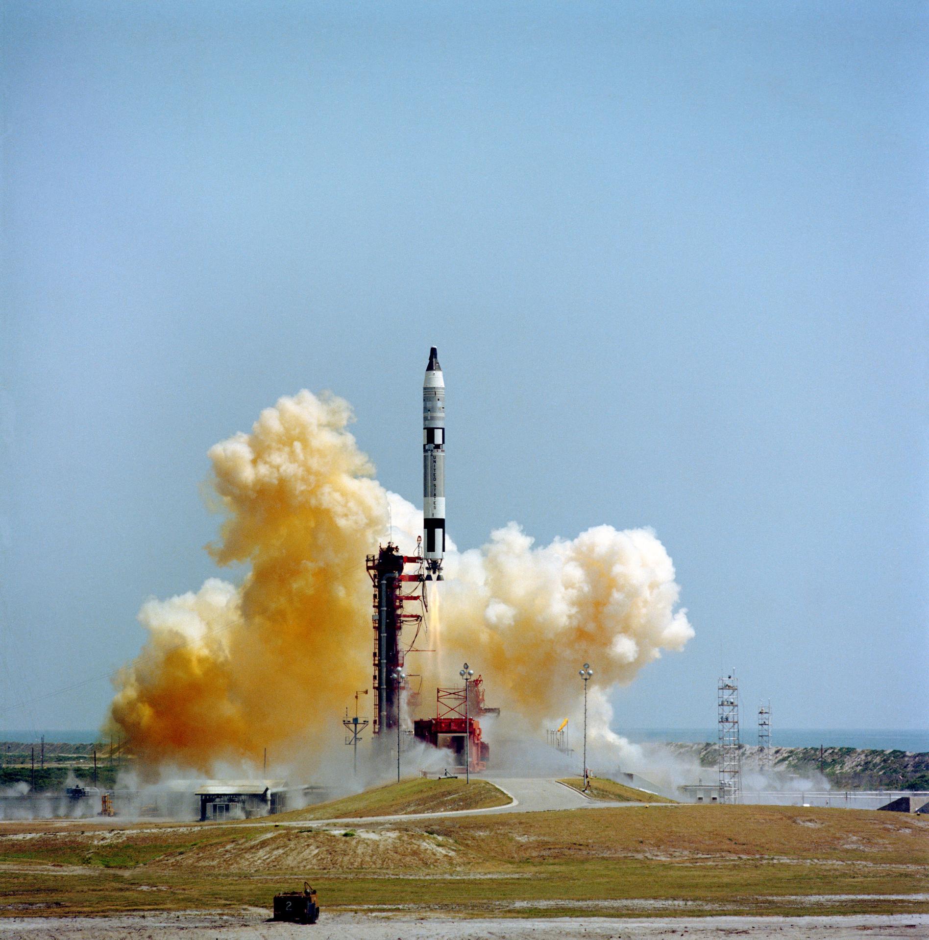 The Gemini-Titan 4 spacecraft lifts off from the launchpad on June 3, 1965