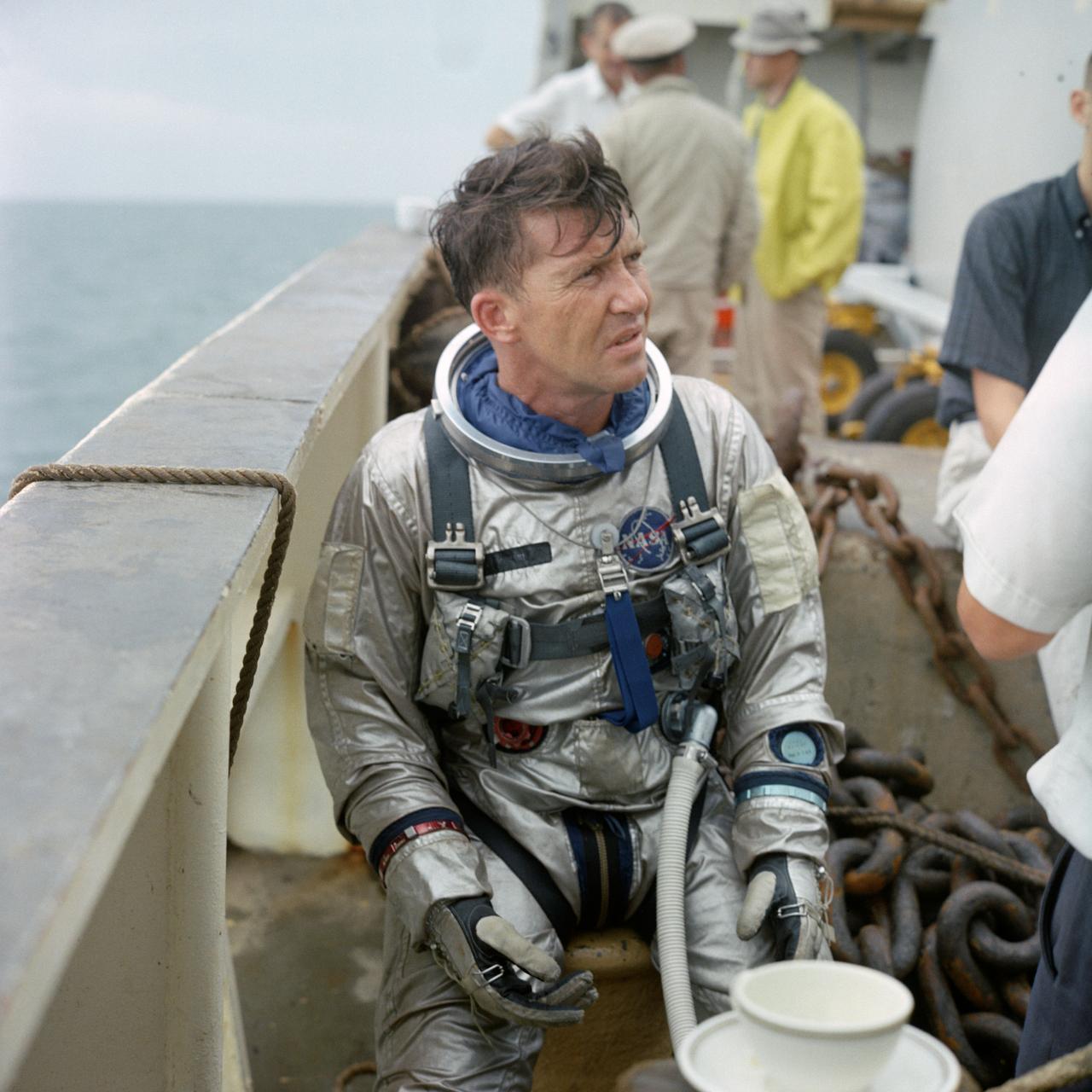 S65-43967 (23 Aug. 1965) --- Astronaut Walter M. Schirra Jr., Gemini-6 prime crew command pilot, is pictured onboard the NASA Motor Vessel Retriever during water egress training in the Gulf of Mexico. Astronaut Thomas P. Stafford (out of frame), Gemini-6 prime crew pilot, also took part in the training.