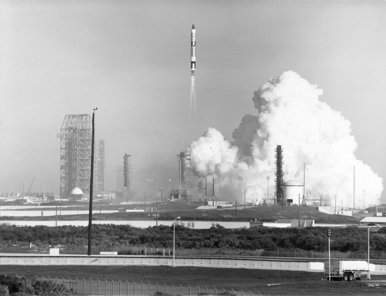 S65-44293 (15 Dec. 1965) --- Gemini-6, carrying astronauts Walter M. Schirra Jr., command pilot, and Thomas P. Stafford, pilot, was launched by the National Aeronautics and Space Administration?s John F. Kennedy Space Center at 8:37 a.m. (EST), Dec. 15, 1965.  Gemini-6 completed a highly successful rendezvous mission with Gemini-7.