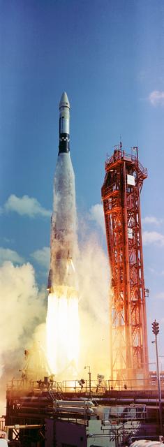 S65-56161 (25 Oct. 1965) --- The National Aeronautics and Space Administration launched an Atlas/Agena vehicle at 10 a.m. (EST) on Oct. 25, 1965, from Pad 14. Intended as a rendezvous target vehicle in the Gemini-6 mission, the Agena failed to achieve orbit, and the Gemini-6 mission was scrubbed. Photo credit: NASA or National Aeronautics and Space Administration