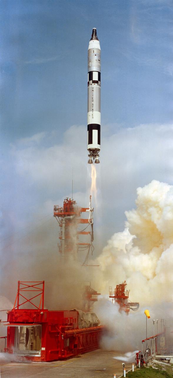 S66-18616 (16 March 1966) --- Gemini-Titan 8 (GT-8) spacecraft, carrying astronauts Neil A. Armstrong, command pilot, and David R. Scott, pilot, was successfully launched by the National Aeronautics and Space Administration's (NASA) John F. Kennedy Space Center (KSC) at 11:41 a.m. (EST), March 16, 1966. An attempt will be made to rendezvous and dock the GT-8 spacecraft with Agena Docking Target Vehicle. Photo credit: NASA