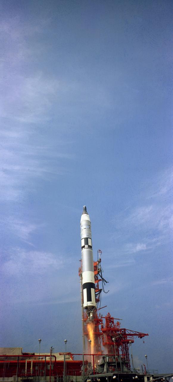 S66-24465 (16 March 1966) --- The Gemini-Titan 8 (GT-8), carrying astronauts Neil A. Armstrong, command pilot, and David R. Scott, pilot, was successfully launched by the National Aeronautics and Space Administration's (NASA) John F. Kennedy Space Center (KSC) at 11:41 a.m. (EST), March 16, 1966. An attempt will be made to rendezvous and dock the Gemini-8 spacecraft with Agena Docking Target Vehicle. Photo credit: NASA