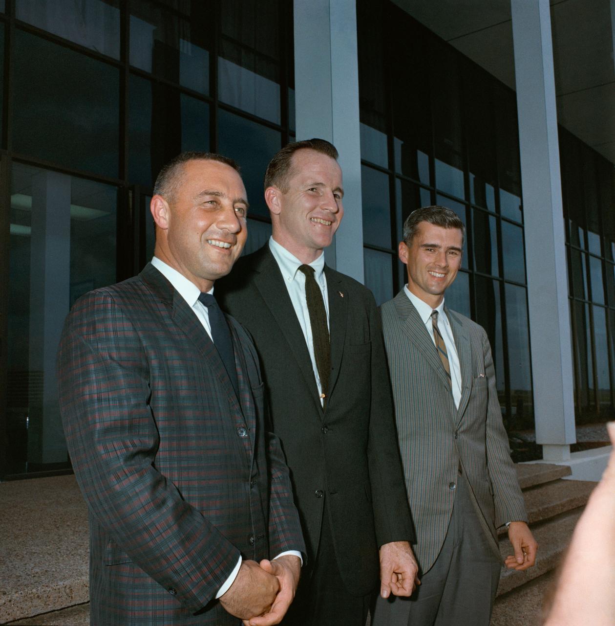 S66-24522 (1966) --- Astronauts Virgil I. Grissom, Edward H. White, II and Roger B. Chaffee take a break from their training to pose for this portrait.  The crew later lost their lives in a January 27, 1967 fire in the Apollo Command Module (CM) during testing at Cape Canaveral, Florida.