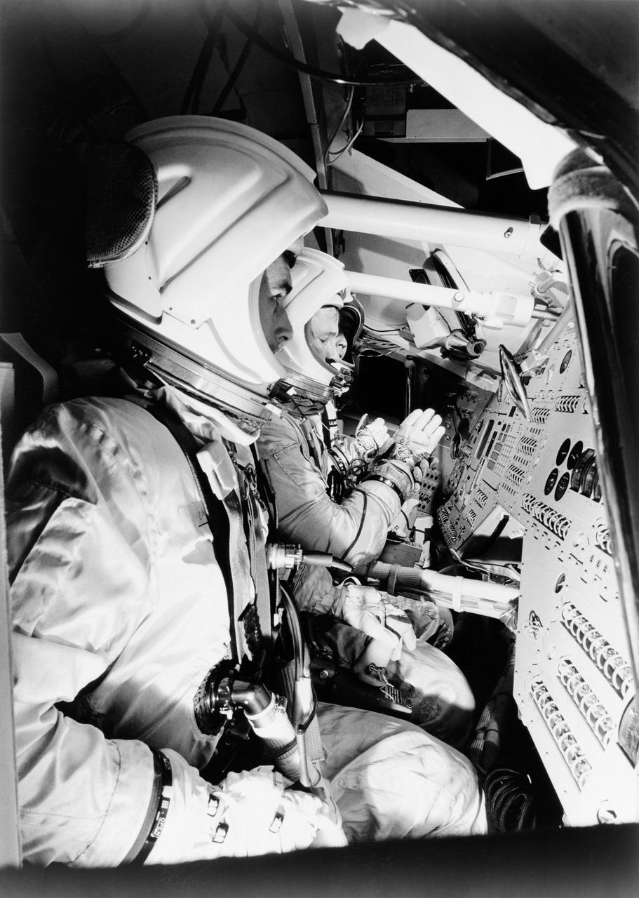 Astronauts McDivitt, Chaffee, White are shown in Spacecraft.           NAA, INC., DOWNEY, CA               B&W