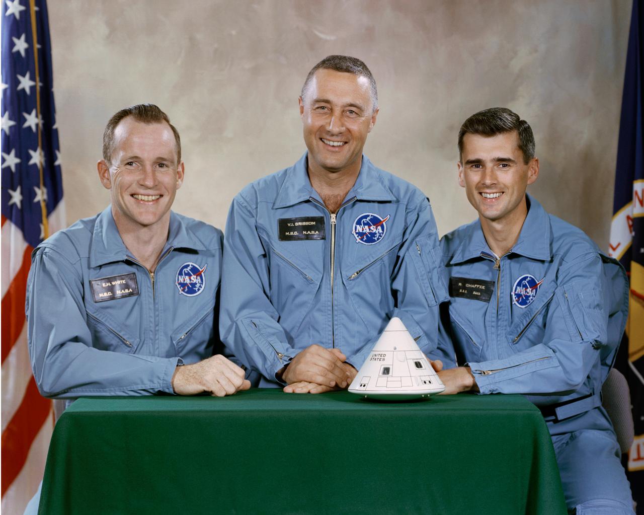 S66-30236 (1 April 1966) --- The National Aeronautics and Space Administration (NASA) has named these astronauts as the prime crew of the first manned Apollo Space Flight. Left to right, are Edward H. White II, command module pilot; Virgil I. Grissom, mission commander; and Roger B. Chaffee, lunar module pilot.     Editor's Note: Astronauts Grissom, White and Chaffee lost their lives in a Jan. 27, 1967 fire in the Apollo Command Module (CM) during testing at the launch facility.