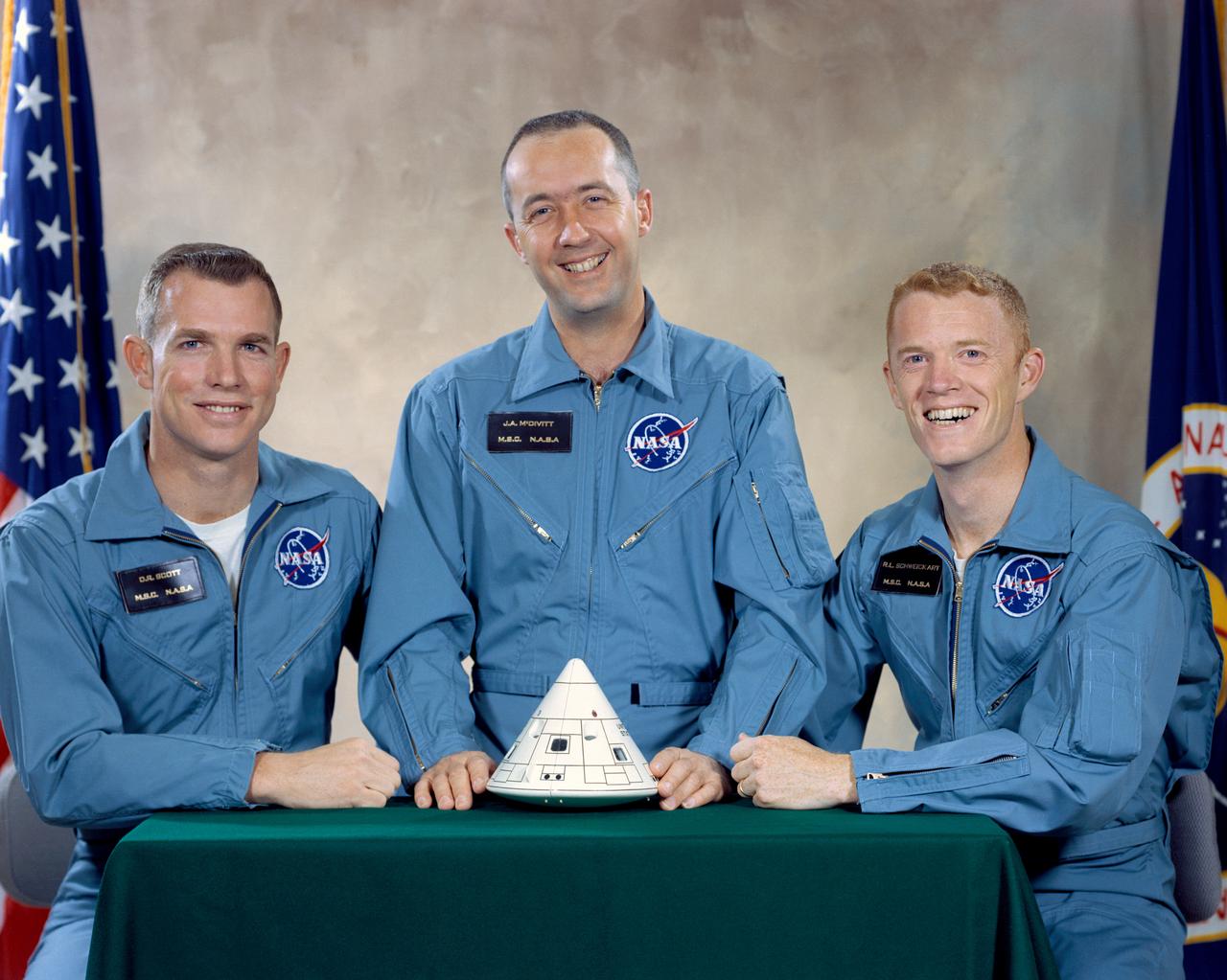 S66-30237 (March 1966) --- These three astronauts have been named as the prime crew of the Apollo 9 mission. They are (left to right) David R. Scott, command module pilot; James A. McDivitt, commander; and Russell L. Schweickart, lunar module pilot.