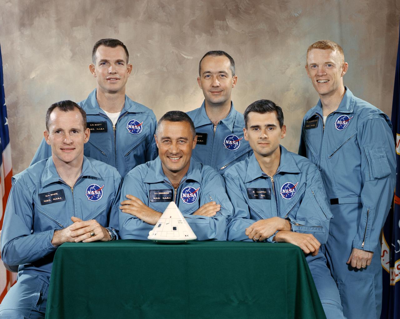 S66-30238 (1 April 1966) --- The National Aeronautics and Space Administration (NASA) has named these astronauts as the prime crew of the first manned Apollo Space Flight. Left to right, are Edward H. White II, command module pilot; Virgil I. Grissom, mission commander; and Roger B. Chaffee, lunar module pilot. On the second row are the Apollo 1 backup crew members, astronauts David R. Scott, James A. McDivitt and Russell L. Schweickart.     EDITOR'S NOTE: Astronauts Grissom, White and Chaffee lost their lives in a Jan. 27, 1967 fire in the Apollo CM during testing at Cape Canaveral.  McDivitt, Scott and Schweickart later served as crewmembers for the Apollo 9 Earth-orbital mission, which was one of the important stair-step missions leading up to the Apollo 11 manned lunar landing mission of July 1969.