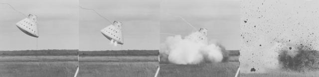 The first test of Apollo boilerplate equipped with landing rockets took place at Ellington AFB, 05/16. Spacecraft was dropped at 30-ft. p/s with 23-ft. p/s horizontal velocity. A force of 6 g's was measured inside the spacecraft during the landing.      ELLINGTON AFB, HOUSTON, TX      B&W