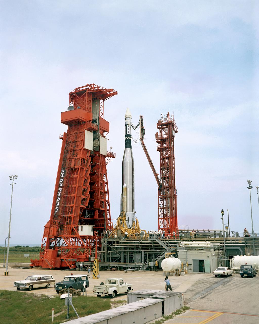 S66-42739 (18 July 1966) --- An Agena Target Docking Vehicle atop its Atlas launch vehicle during prelaunch preparations at Launch Complex 14. The Agena will be a rendezvous and docking vehicle for the Gemini-10 spaceflight. The Agena was launched on July 18, 1966, at 3:39 p.m. (EST). Photo credit: NASA