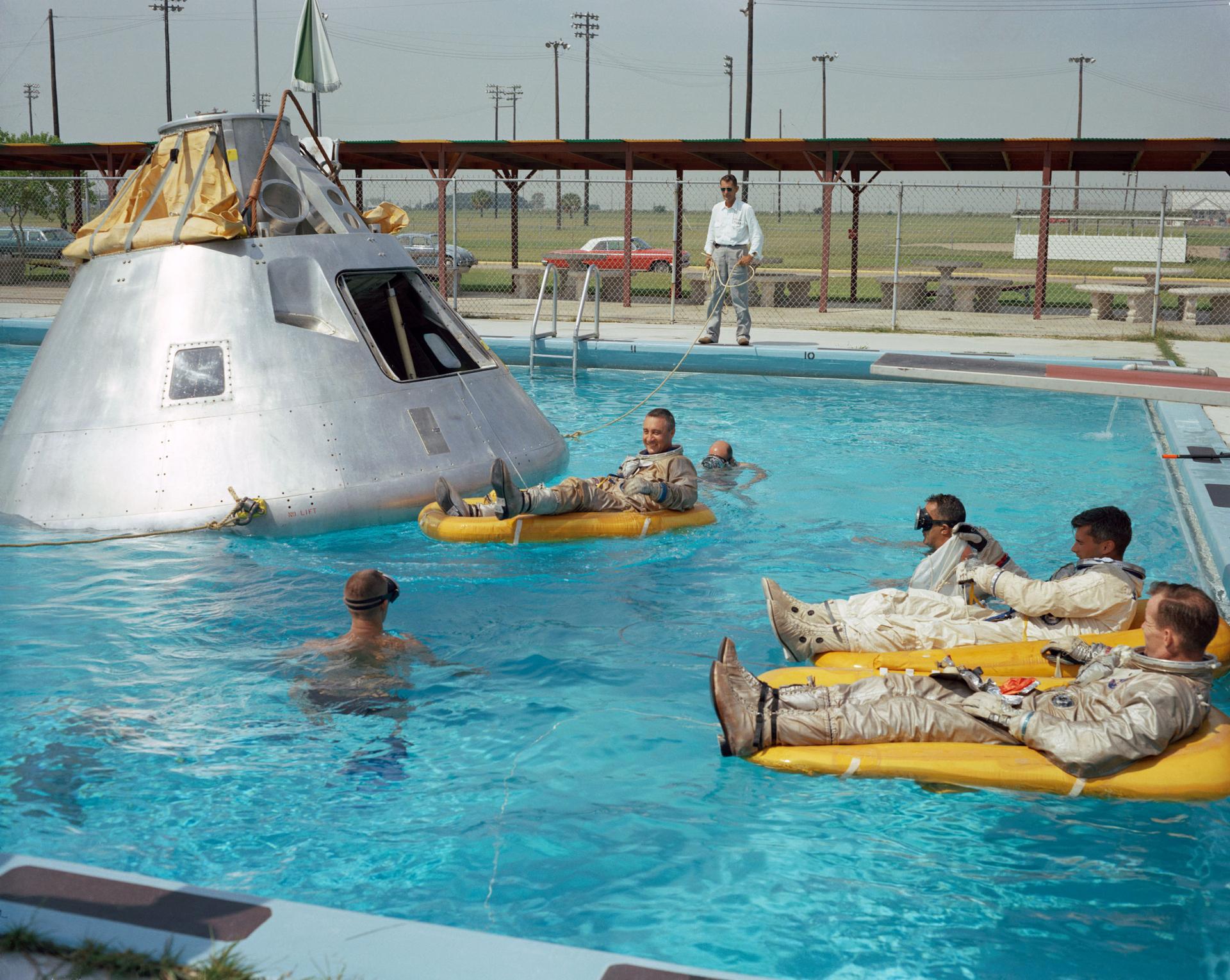 Apollo 1 crew practice water evacuation drills.