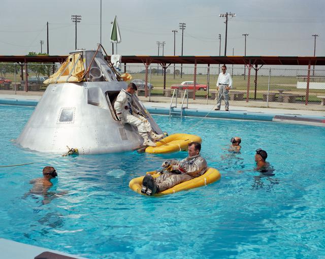 NASA image: Crew - First Manned Apollo Mission - Water Egress Procedures Practice - Ellington AFB (EAFB), TX