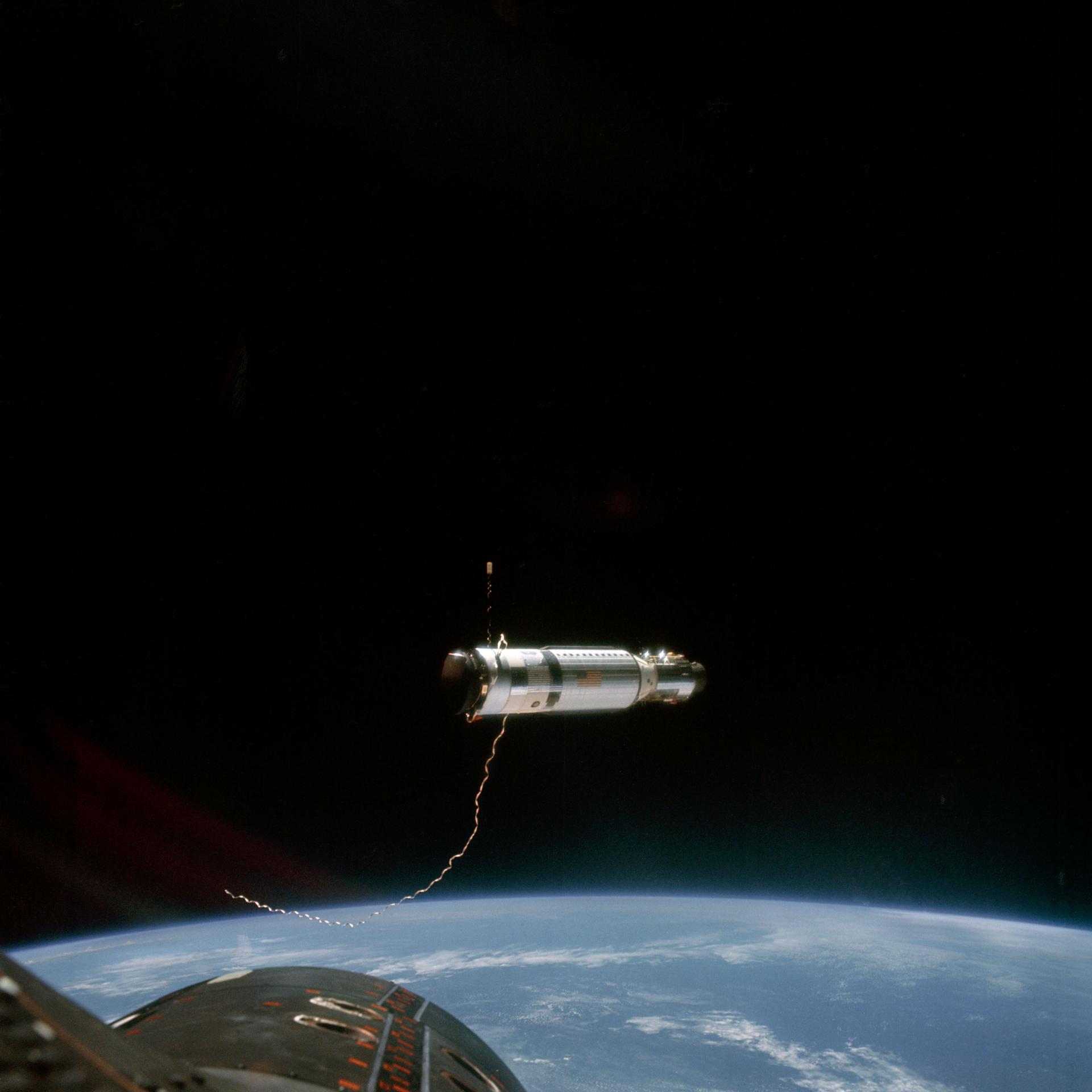 View of the Agena Target vehicle in space as seen from the Gemini 11 spacecraft