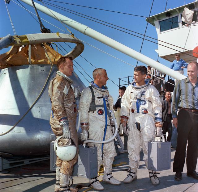 Prime crew of Apollo/Saturn Mission 204 prepares for water egress training