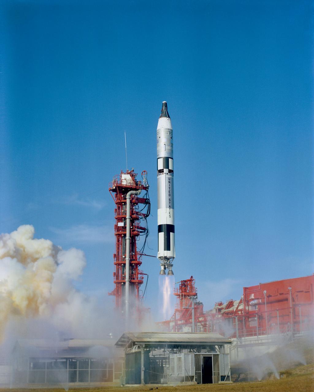 S66-59975 (11 Nov. 1966) --- Gemini-12 spacecraft, carrying astronauts James A. Lovell Jr., command pilot, and Edwin E. Aldrin Jr., pilot, was launched from the Kennedy Space Center's Launch Complex 19 at 3:46 p.m. (EST), Nov. 11, 1966. Photo credit: NASA