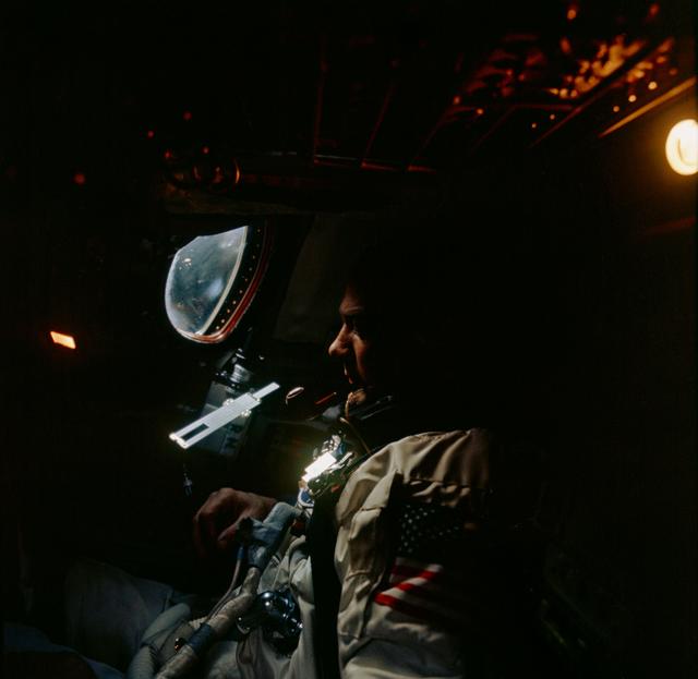 NASA image: Astronaut Edwin Aldrin inside Gemini spacecraft cabin during flight