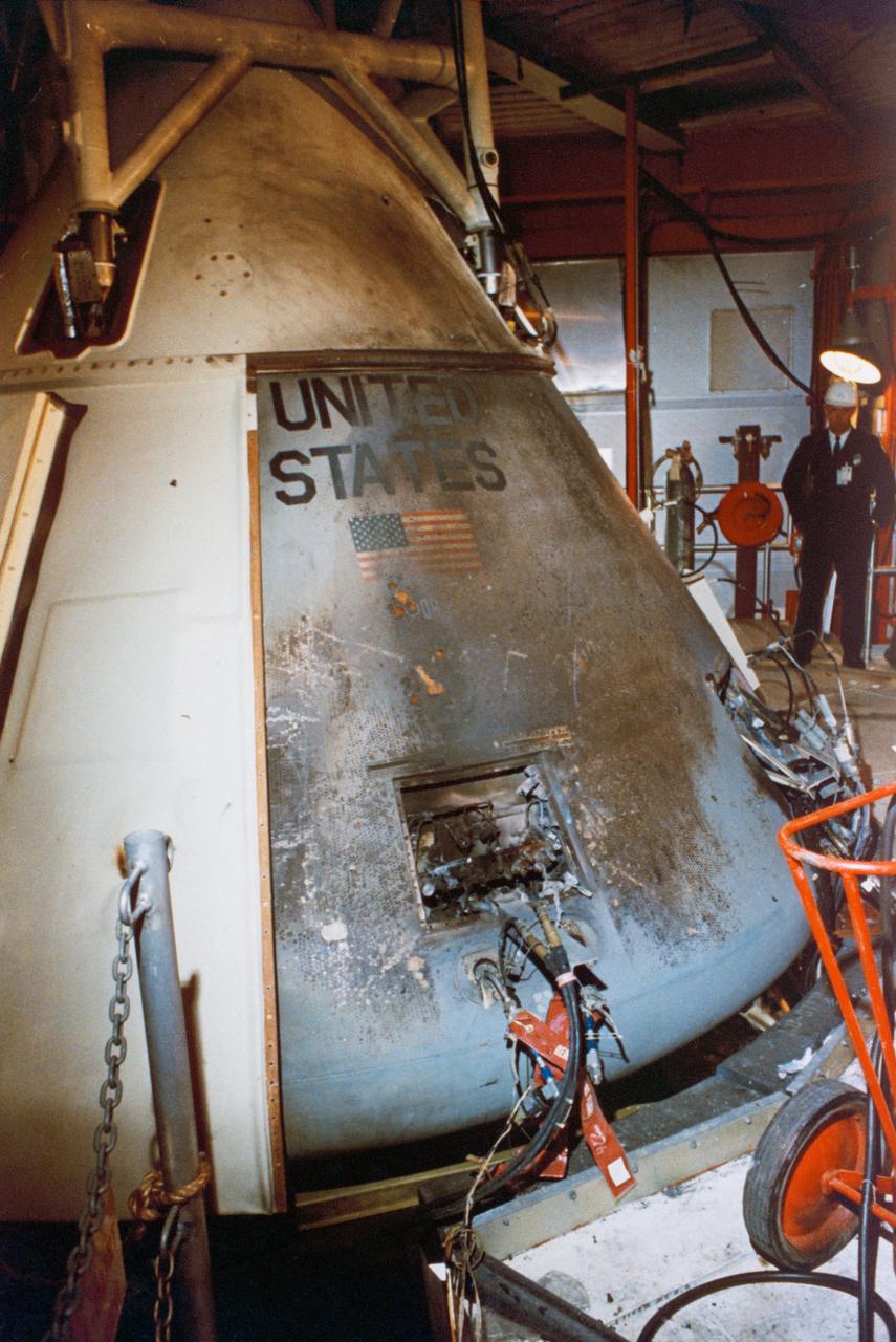 Closeup view of the interior of Apollo S/C 012 C/M, Pad 34, showing the effects of the intense heat of the flash fire which killed the Prime Crew of the A/S 204 Mission.     CAPE KENNEDY, FL                              CAPE KENNEDY, FL