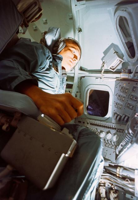 NASA image: Astronaut Frank Borman during training exercise in Apollo Mission simulator