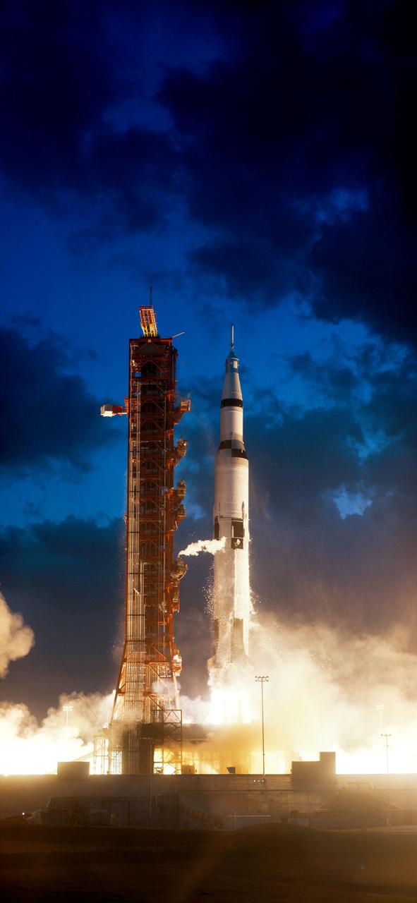 S67-50903 (9 Nov. 1967) --- The Apollo 4 (Spacecraft 017/Saturn 501) space mission was launched from Pad A, Launch Complex 39, Kennedy Space Center, Florida. The liftoff of the huge 363-feet tall Apollo/Saturn V space vehicle was at 7:00:01 a.m. (EST), Nov. 9, 1967. The successful objectives of the Apollo 4 Earth-orbital unmanned space mission obtained included (1) flight information on launch vehicle and spacecraft structural integrity and compatibility, flight loads, stage separation, subsystem operation, emergency detection subsystem, and (2) evaluation of the Apollo Command Module heat shield under conditions encountered on return from a moon mission.