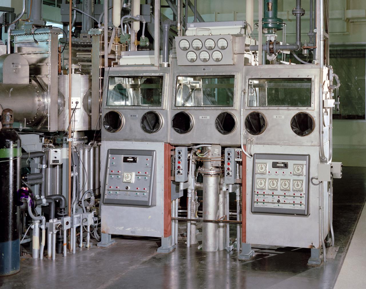 Atmospheric Decontamination System equipment in Room 2-203, Vacuum Laboratory, Sample Operations Area, Lunar Receiving Laboratory, Bldg 37.