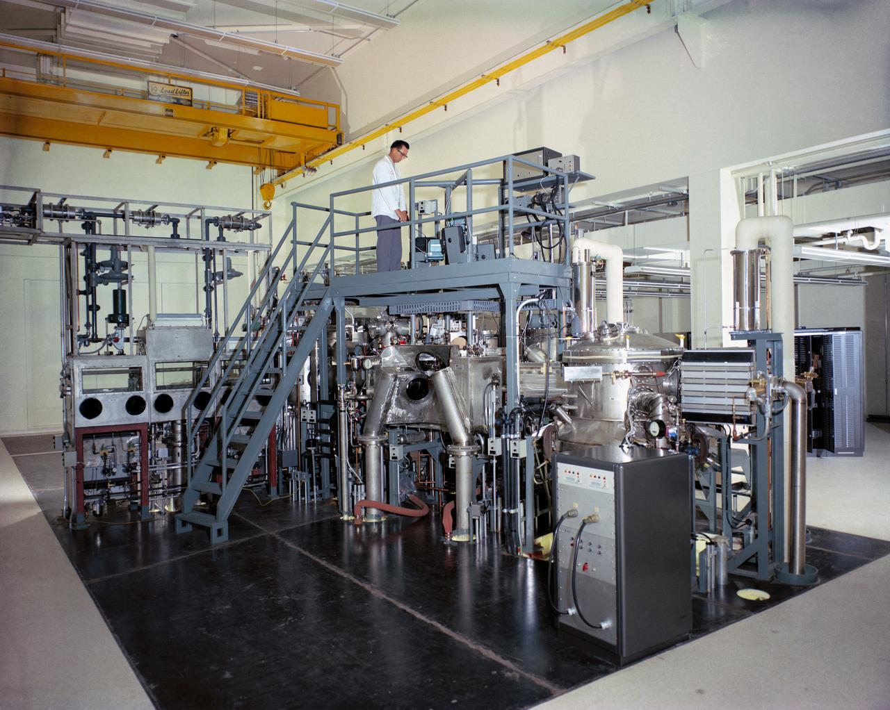 Overall view of the equipment in Room 2-203, Vacuum Laboratory, Sample Operations Area, Lunar Receiving Laboratory, Bldg 37.