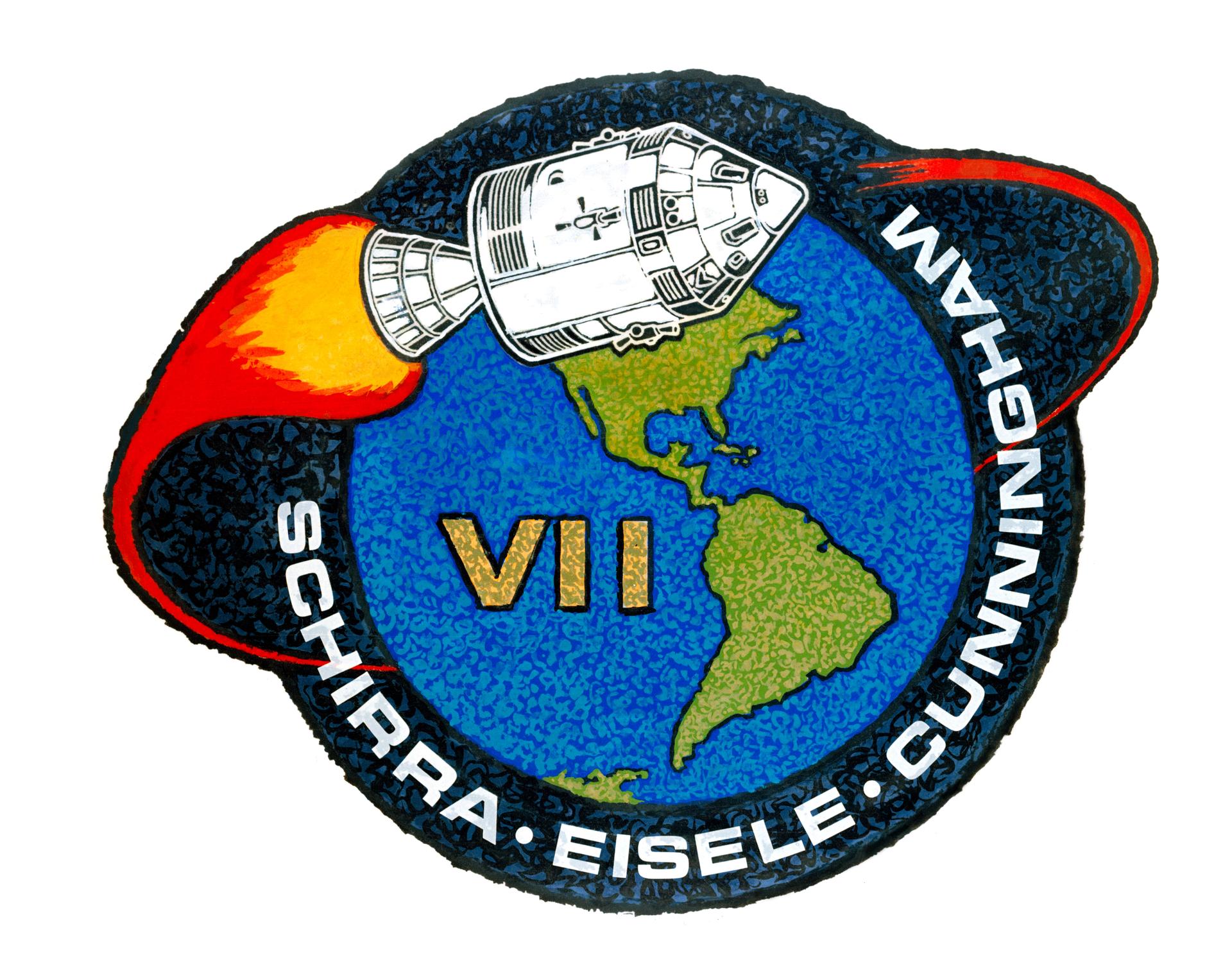 Apollo 7 emblem shows the Apollo 7 module superimposed on a globe centered on the Americas. On the globe are roman numerals for 7 and around the globe appear the prime crew's last names: Schjirra, Eisele, and Cunningham