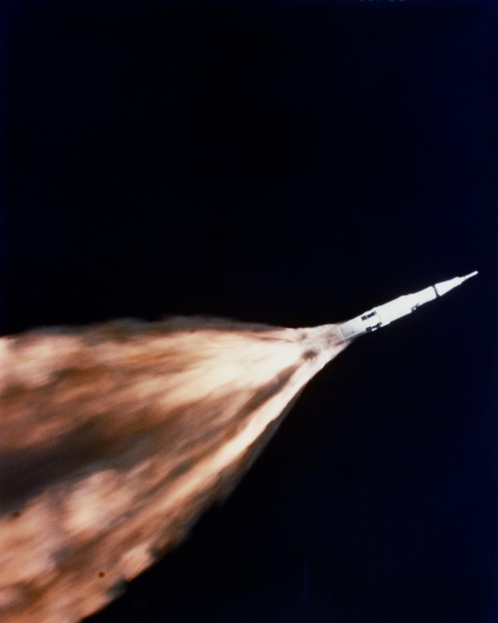 S68-27365 (4 April 1968) --- The five F-1 engines of the huge Apollo/Saturn V space vehicle's first (S-IC) stage leave a gigantic trail of flame in the sky above the Kennedy Space Center seconds after liftoff. The launch of the Apollo 6 (Spacecraft 020/Saturn 502) unmanned space mission occurred at 07:00:01.5 (EST), April 4, 1968. This view of the Apollo 6 launch was taken from a chase plane.