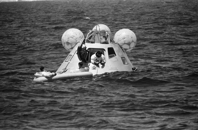 NASA image: Apollo 7 prime crew during water egress training in Gulf of Mexico