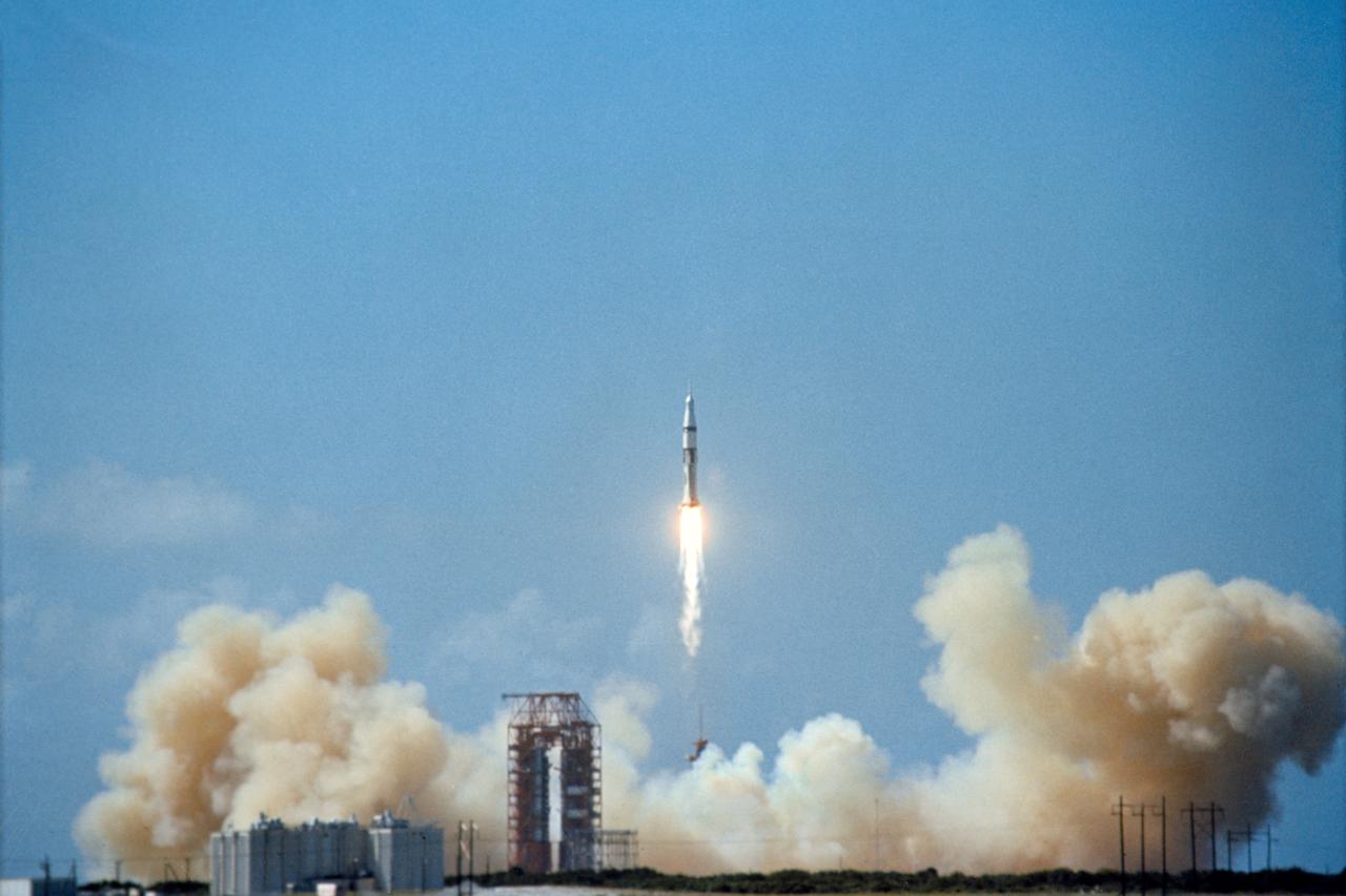 S68-48666 (11 Oct. 1968) --- The Apollo 7/Saturn IB space vehicle is launched from the Kennedy Space Center's Launch Complex 34 at 11:03 a.m. (EDT), Oct. 11, 1968. Apollo 7 (Spacecraft 101/Saturn 205) is the first of several manned flights aimed at qualifying the spacecraft for the half-million-mile round trip to the moon. Aboard the Apollo spacecraft are astronauts Walter M. Schirra Jr., commander; Donn F. Eisele, command module pilot; and Walter Cunningham, lunar module pilot.
