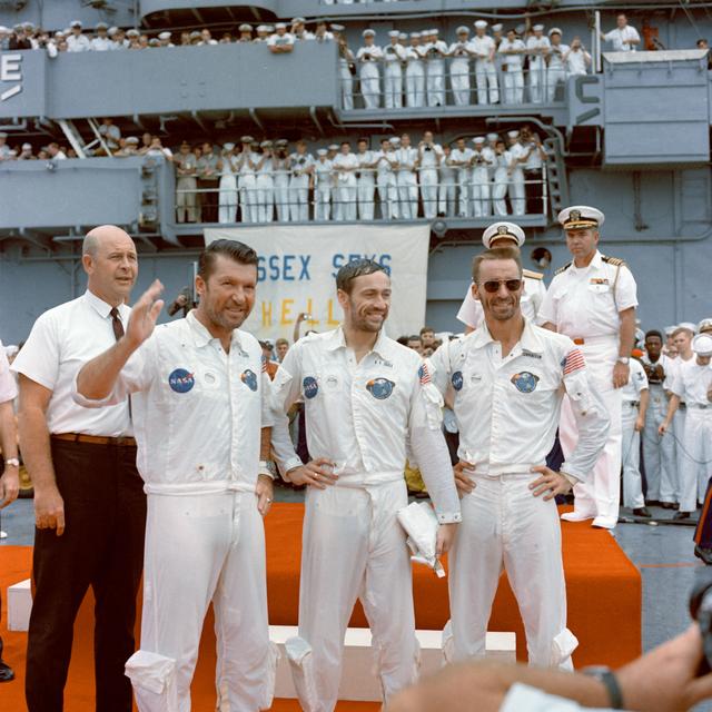 NASA image: Apollo 7 crew arrives aboard recovery ship, U.S.S. Essex
