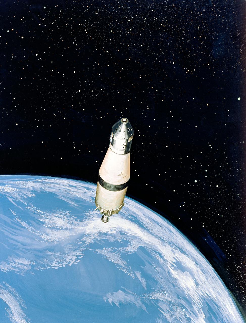 S68-51304 (December 1968) --- North American Rockwell artist's concept illustrating a phase of the scheduled Apollo 8 lunar orbit mission. Here, the Apollo 8 spacecraft Command and Service Modules (CSM), still attached to the Saturn V (S-IVB) third stage, heads for the moon at a speed of about 24,300 miles per hour. The trajectory, computed from the Saturn V's third stage instrumentation unit, provides a "free return" to Earth around the moon.