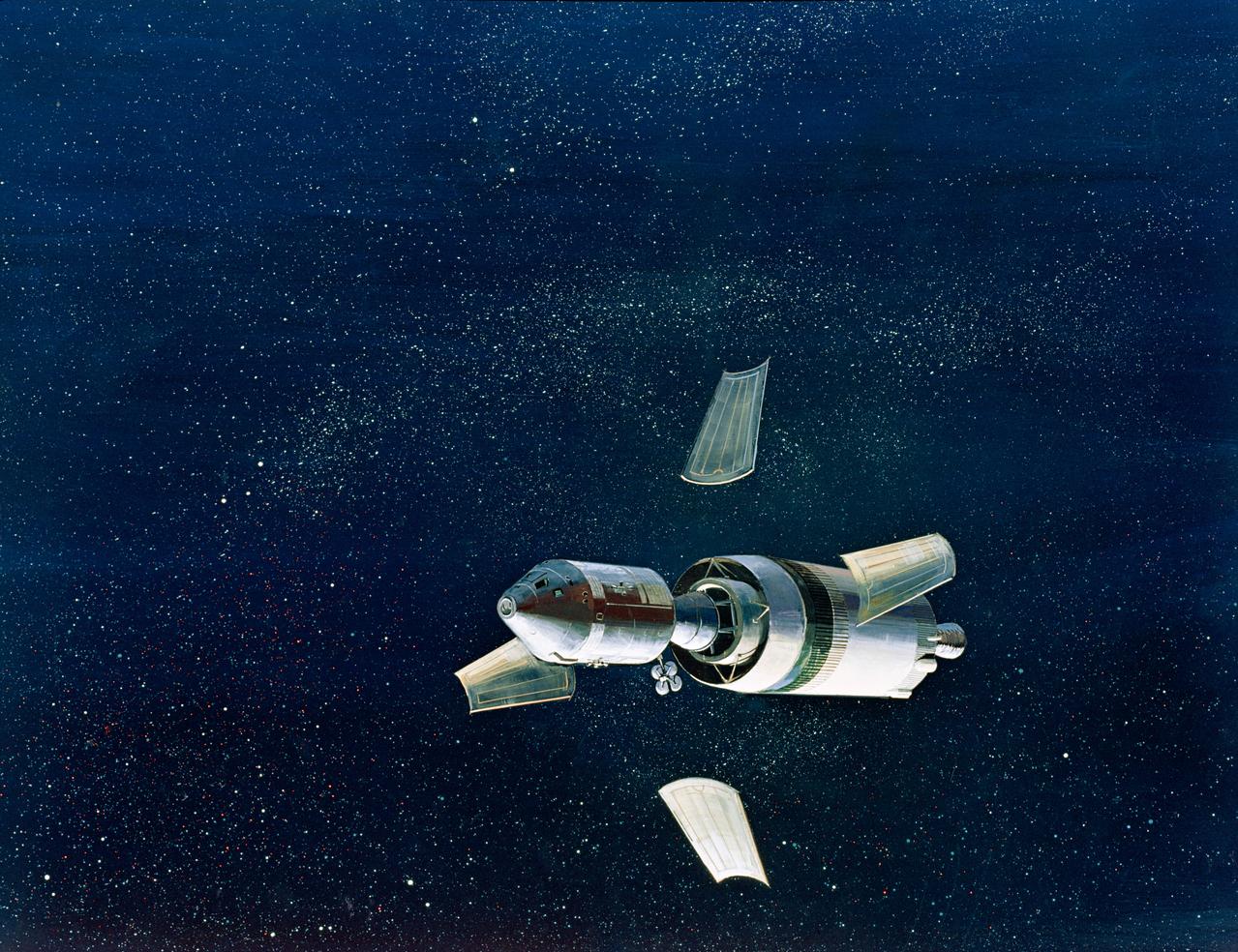 S68-51306 (December 1968) --- North American Rockwell artist's concept illustrating a phase of the scheduled Apollo 8 lunar orbit mission. Here, the Apollo 8 spacecraft lunar module adapter (SLA) panels, which have supported the Command and Service Modules, are jettisoned. This is done by astronauts firing the service module reaction control engines. A signal simultaneously deploys and jettisons the panels, separating the spacecraft from the SLA and deploying the high gain (deep space) antenna.