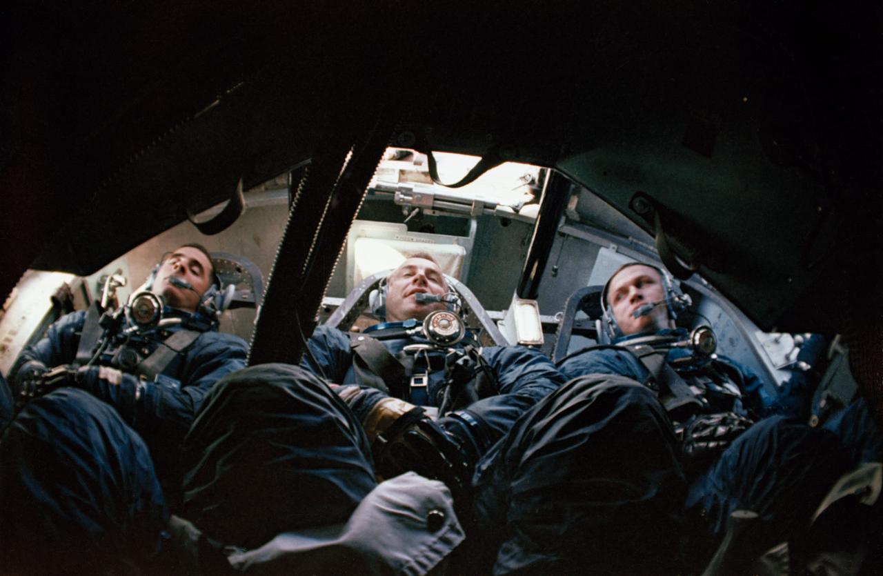 S68-53015 (25 Oct. 1968) --- Astronauts William A. Anders, James A. Lovell Jr., and  Frank Borman, (left to right) are seen inside Apollo Boilerplate 1102A during water egress training in the Gulf of Mexico. Borman is Apollo 8 commander; with Lovell serving as command module pilot; and Anders as lunar module pilot. Photo credit: NASA