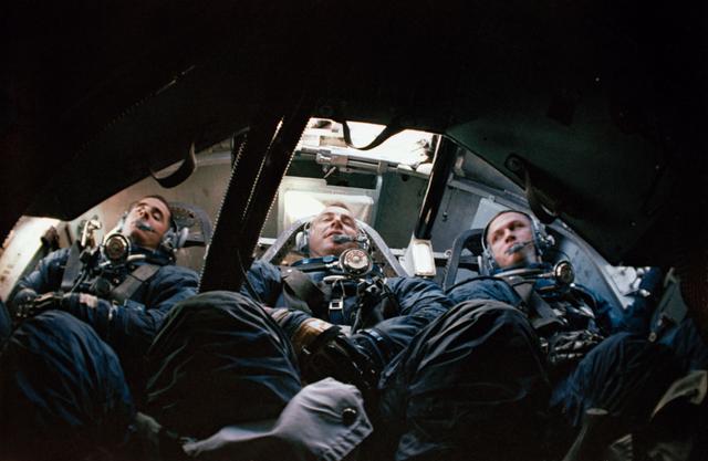 NASA image: Apollo 8 prime crew seen inside Apollo Boilerplate during water egress