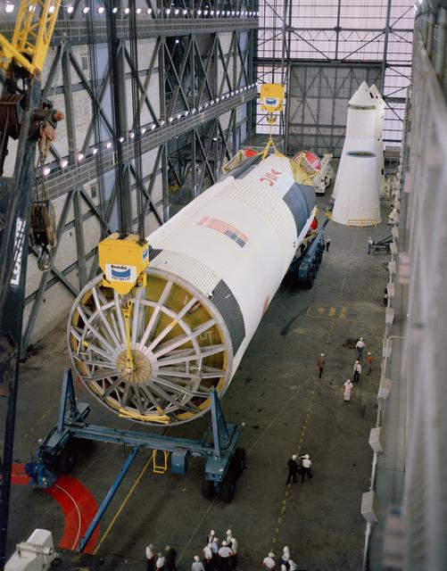 NASA image: First stage of Saturn launch vehicle in KSC Vehicle Assembly Building