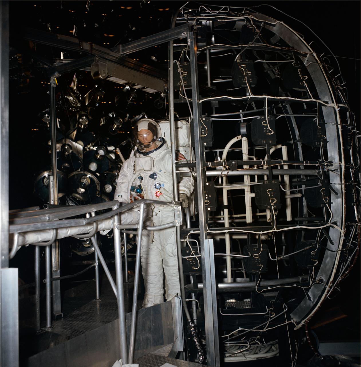 S68-55391 (11 Dec. 1968) --- Astronaut Russell L. Schweickart, lunar module pilot of the Apollo 9 (Spacecraft 104/Lunar Module 3/Saturn 504) space mission, is seen inside Chamber "A," Space Environment Simulation Laboratory, Building 32, participating in dry run activity in preparation for extravehicular activity which is scheduled in Chamber "A." The purpose of the scheduled training is to familiarize the crewmen with the operation of EVA equipment in a simulated space environment. In addition, metabolic and workload profiles will be simulated on each crewman. Astronauts Schweickart and Alan L. Bean, backup lunar module pilot, are scheduled to receive thermal-vacuum training simulating Earth-orbital EVA.