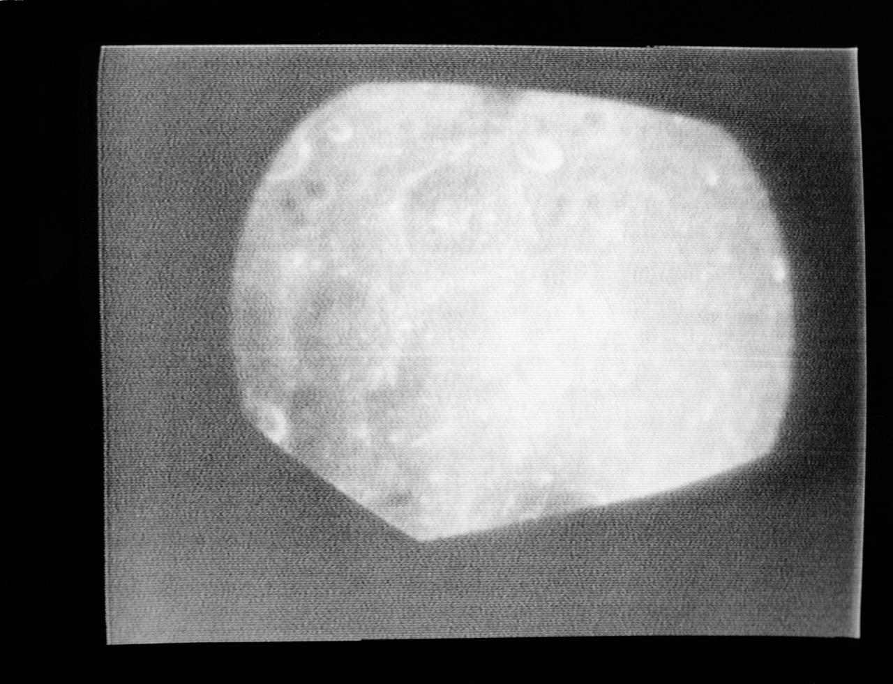 S68-55816 (24 Dec. 1968) --- This is how the surface of the moon looked from an altitude of approximately 60 miles as photographed by a television camera aboard the Apollo 8 spacecraft. This is Apollo 8's third live television transmission back to Earth. At the time this picture was made, the Apollo 8 spacecraft, with astronauts Frank Borman, James A. Lovell Jr., and William A. Anders aboard, was making its second revolution of the moon.