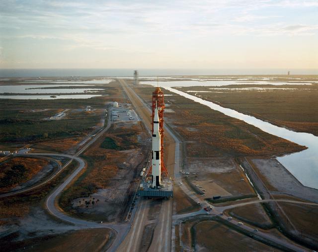 NASA image: APOLLO IX/X - ERECTION - SATURN 504 - ROLLOUT - PAD 39A - KSC