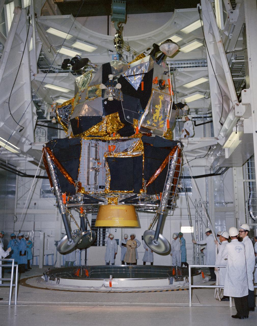 S69-17807 (13 Jan. 1969) --- Lunar Module 4 in the Kennedy Space Center's Manned Spacecraft Operations Building being moved into position for mating with Spacecraft Lunar Module Adapter (SLA) 13. Lunar Module 4 will be flown on the Apollo 10 (Spacecraft 106/Saturn 505) space mission.