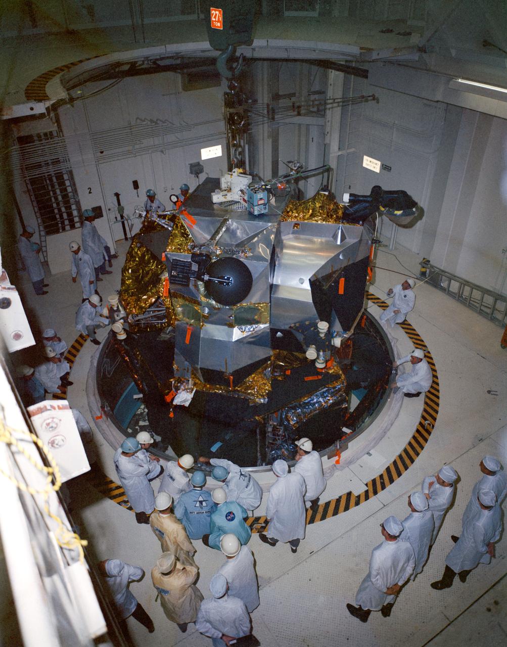 S69-17809 (13 Jan. 1969) --- Lunar Module 4 in the Kennedy Space Center's Manned Spacecraft Operations Building being moved into position for mating with Spacecraft Lunar Module Adapter (SLA) 13. Lunar Module 4 will be flown on the Apollo 10 (Spacecraft 106/Saturn 505) lunar orbit mission.