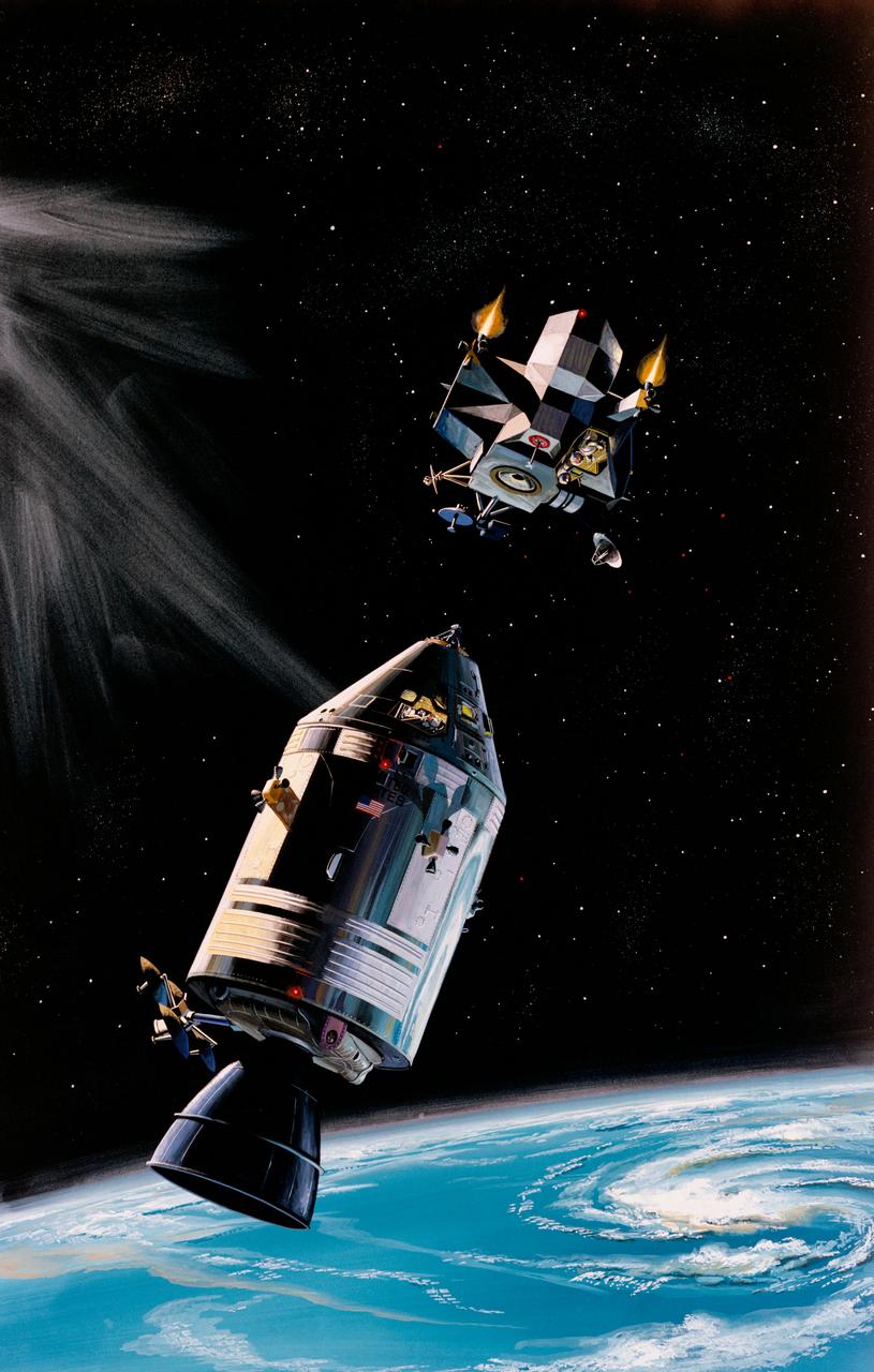 S69-18546 (February 1969) --- North American Rockwell artist's concept illustrating the docking of the Lunar Module ascent stage with the Command and Service Modules during the Apollo 9 mission. The two figures in the Lunar Module represent astronauts James A. McDivitt, Apollo 9 commander; and Russell L. Schweickart, lunar module pilot. The figure in the Command Module represents astronaut David R. Scott, command module pilot. The Apollo 9 mission will evaluate spacecraft lunar module systems performance during manned Earth-orbital flight.