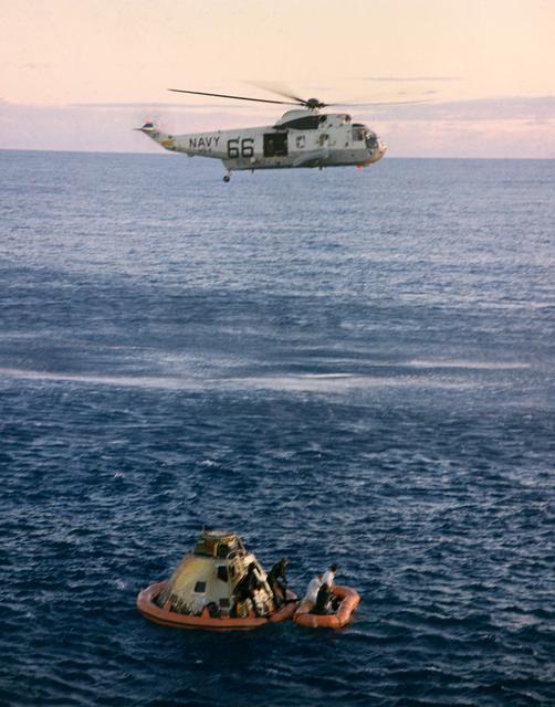 NASA image: Navy Helicopter - Arrival - Recovery - Apollo X Astronauts - South Pacific Ocean
