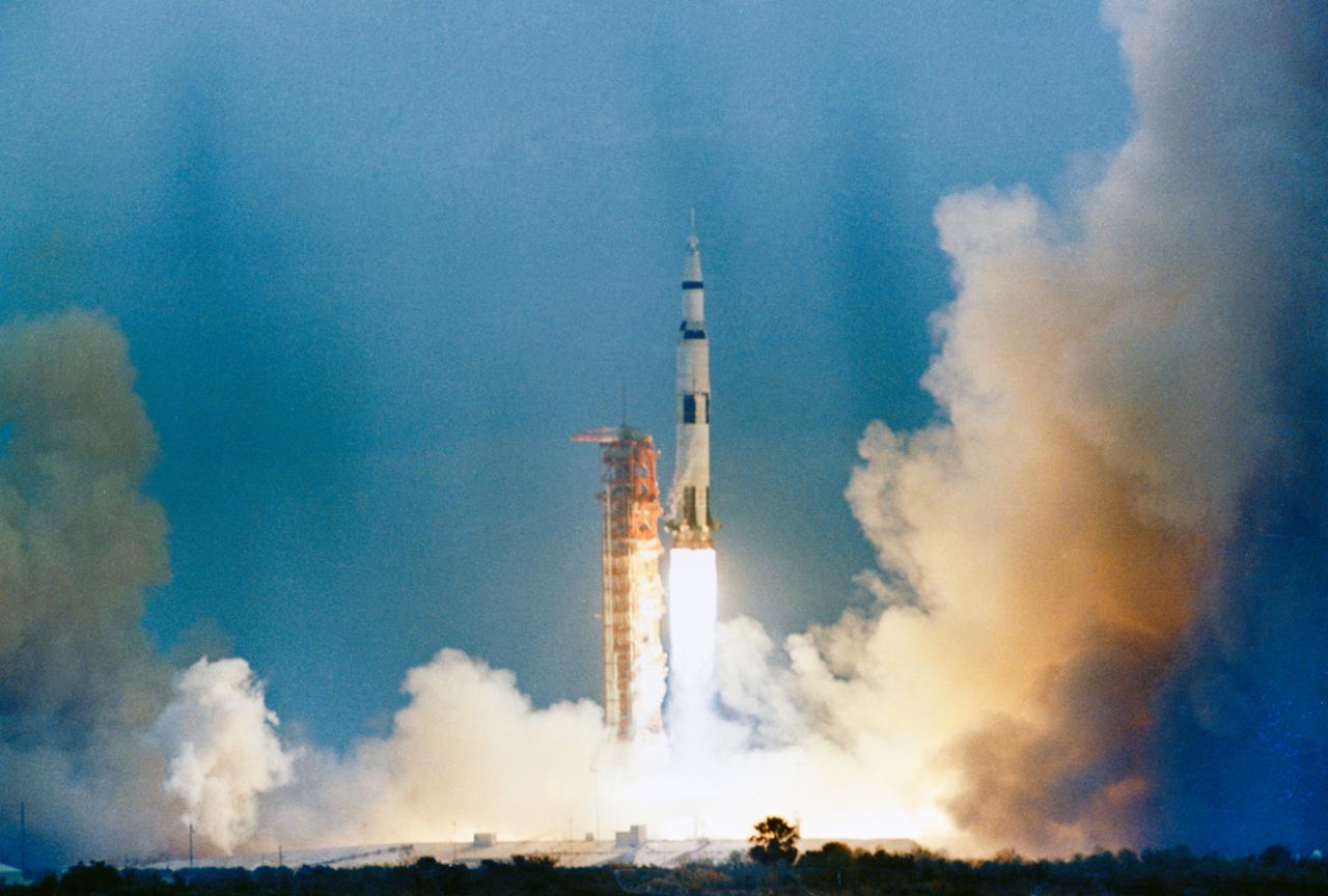 S69-25861 (3 March 1969) --- The Apollo 9 (Spacecraft 104/Lunar Module 3/ Saturn 504) space vehicle is launched from Pad A, Launch Complex 39, Kennedy Space Center (KSC) at 11 a.m. (EST), March 3, 1969. Aboard the spacecraft are astronauts James A. McDivitt, commander; David R. Scott, command module pilot; and Russell L. Schweickart, lunar module pilot. The Apollo 9 mission will evaluate spacecraft lunar module systems performance during manned Earth-orbital flight. Apollo 9 is the second manned Saturn V mission.