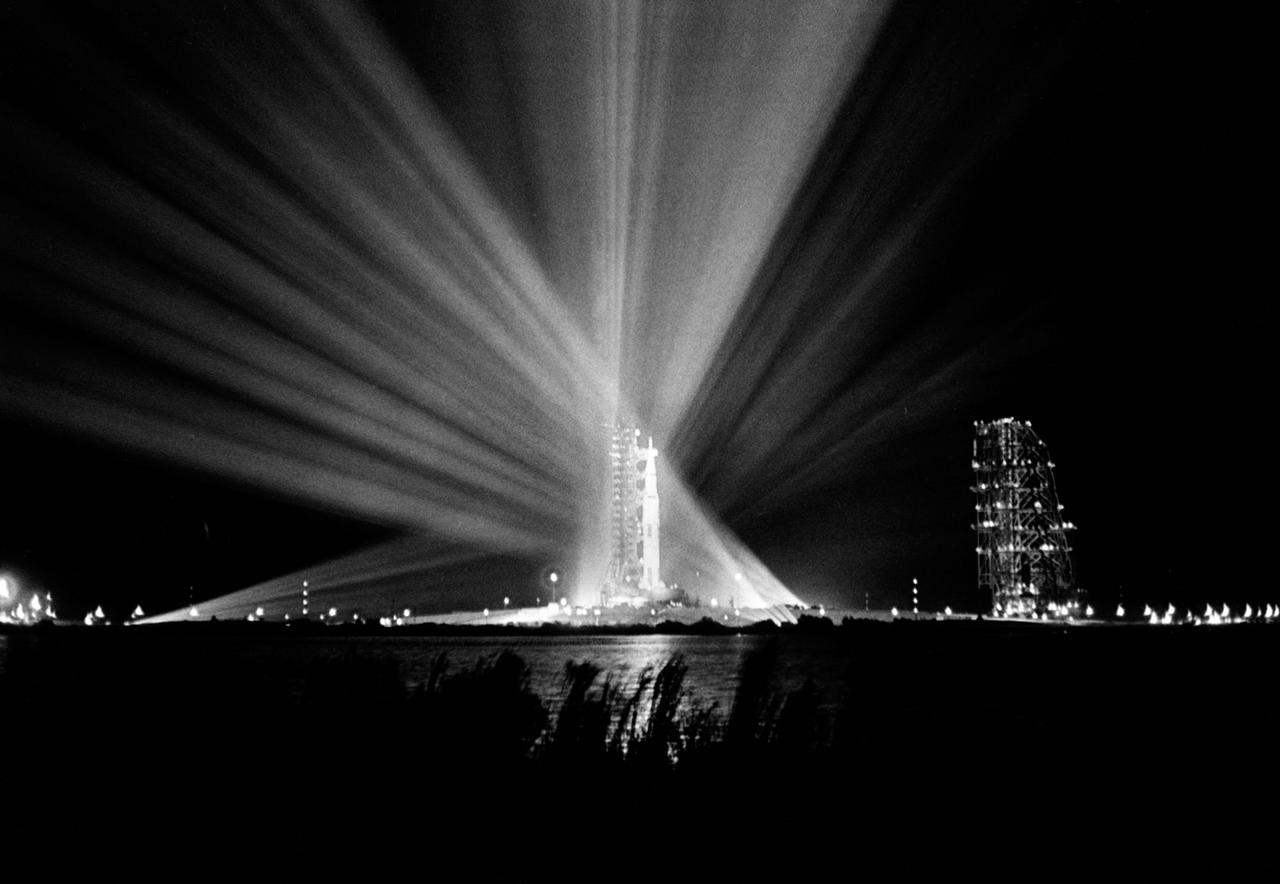 S69-25879 (23 Feb. 1969) --- Nighttime view of the 363-feet-high Apollo 9 space vehicle at Pad A, Launch Complex 39, Kennedy Space Center, during preparations for the scheduled 10-day Earth-orbital space mission. The crew of the Apollo 9 (Spacecraft 104/Lunar Module 3/Saturn 504) space flight will be astronauts James A. McDivitt, David R. Scott, and Russell L. Schweickart.