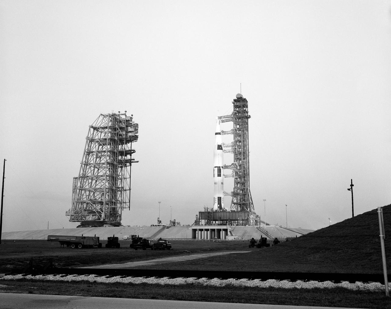 S69-27089 (11 March 1969) --- Overall view of Pad B, Launch Complex 39, Kennedy Space Center, showing the Apollo 10 (Spacecraft 106/Lunar Module-4/Saturn 505) space vehicle during a Countdown Demonstration Test. The Apollo 10 flight is scheduled as a lunar orbit mission. The Apollo 10 crew will be astronauts Thomas P. Stafford, commander; John W. Young, command module pilot; and Eugene A. Cernan, lunar module pilot.