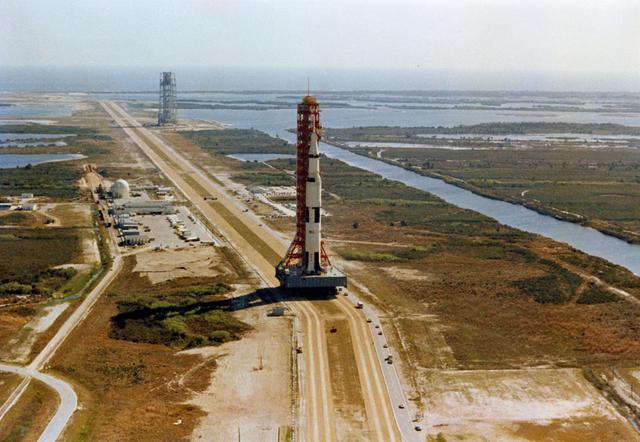 Aerial view of Launch Complex 39 showing Apollo 10 on way to Pad B