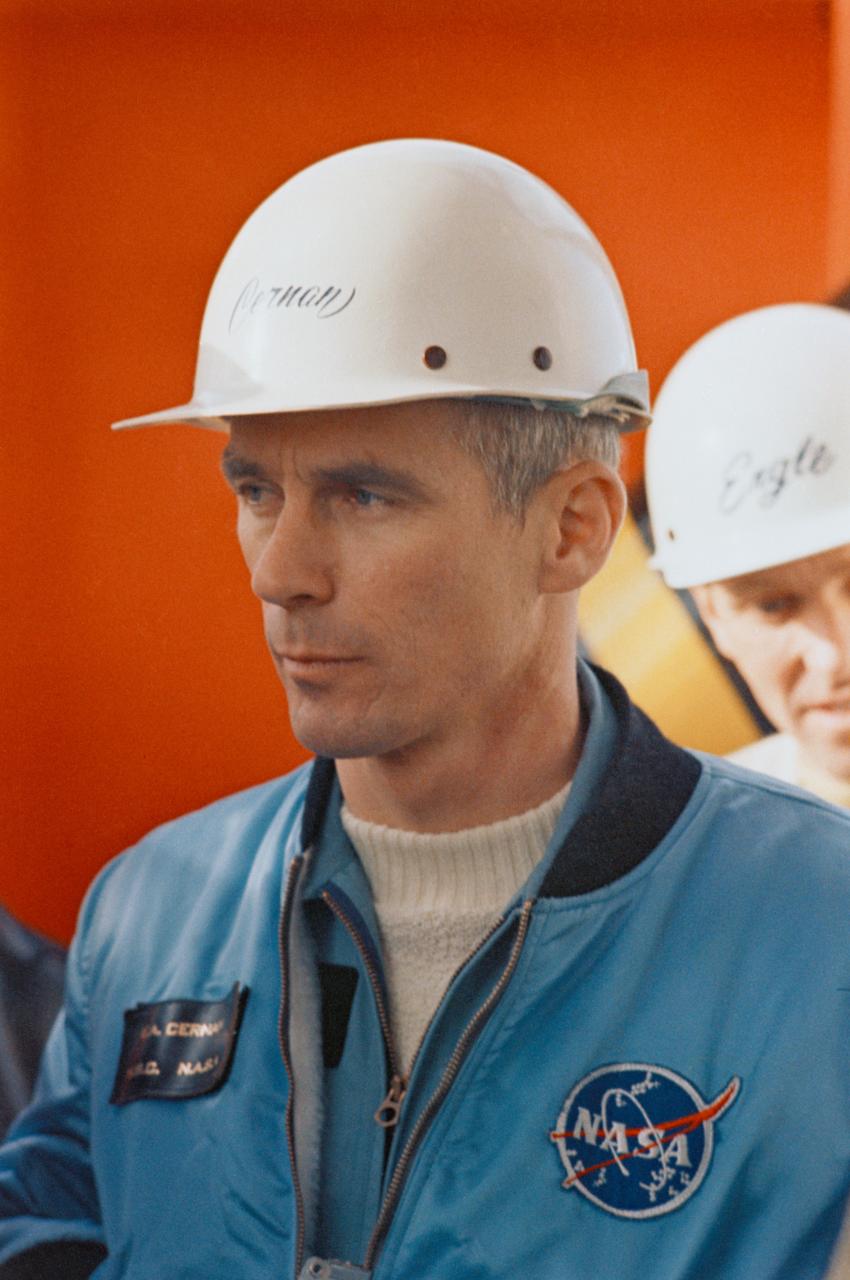 S69-30251 (27 March 1969) --- Astronaut Eugene A. Cernan, wearing a protective hat, participates in pad egress training at the Kennedy Space Center's Pad 39B during preparations for the scheduled Apollo 10 lunar orbit mission. Cernan is the Apollo 10 lunar module pilot.