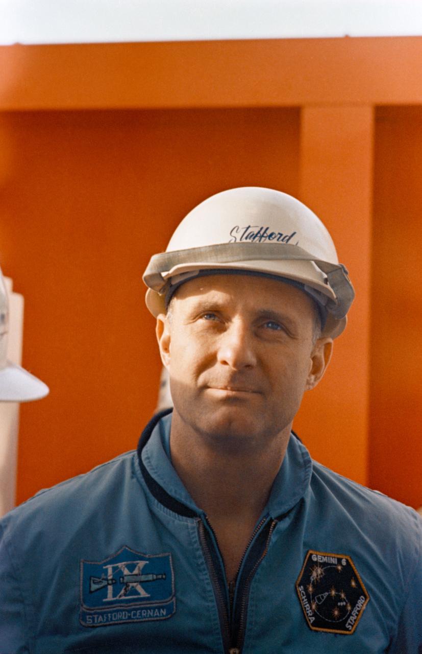S69-30252 (27 March 1969) --- Astronaut Thomas P. Stafford, wearing a protective hat, participates in pad egress training at the Kennedy Space Center's Pad 39B during preparations for the scheduled Apollo 10 lunar orbit mission. Stafford is the Apollo 10 commander.
