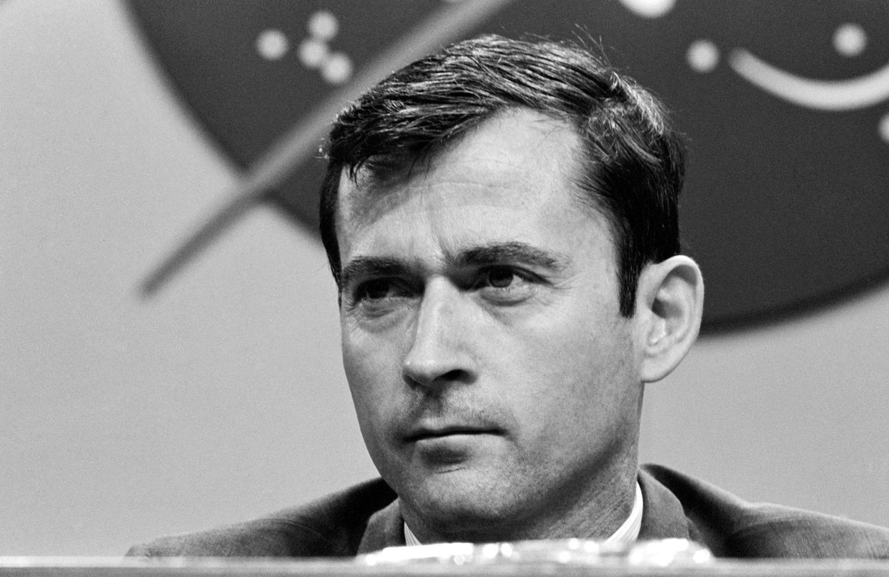 S69-32035 (26 April 1969) --- Astronaut John W. Young, command module pilot of the Apollo 10 prime crew, is seen at a press conference held at the Manned Spacecraft Center on April 26, 1969.