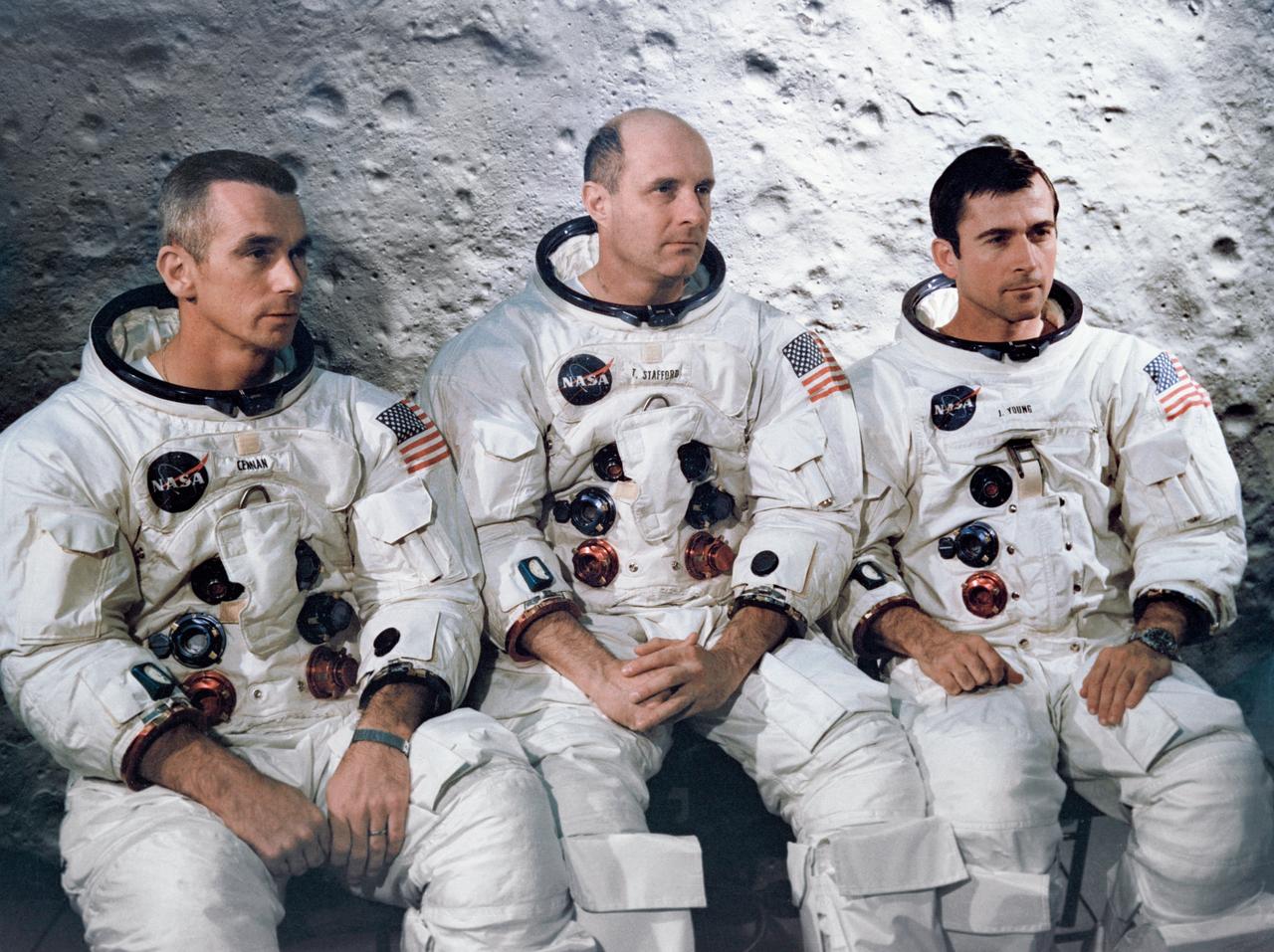 S69-32613 (April 1969) --- The prime crew of the Apollo 10 lunar orbit mission sits for photograph while at the Kennedy Space Center for preflight training. Left to right are astronauts Eugene A. Cernan, lunar module pilot; Thomas P. Stafford, commander; and John W. Young, command module pilot.